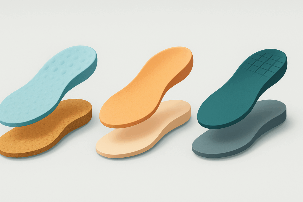 Stylized 3D infographic comparing materials in arch support dress shoes for women, showing textured layers of foam, cork, EVA, and TPU.