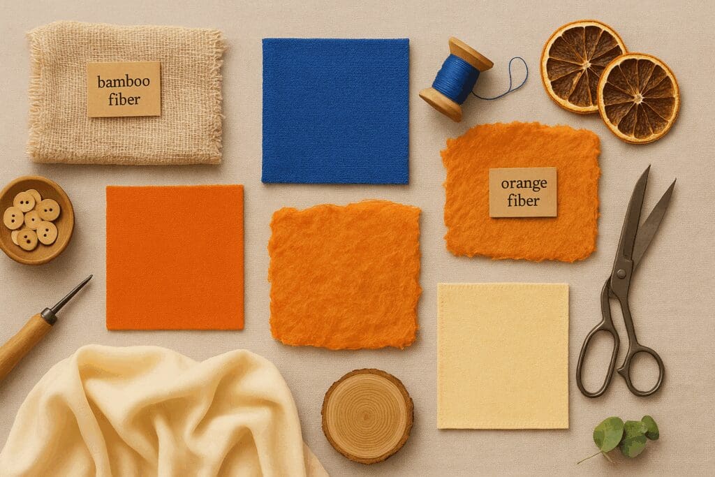 Flat lay of bamboo and orange fiber fabrics, bold color swatches, and sewing tools showcasing sustainable 2025 summer styles.