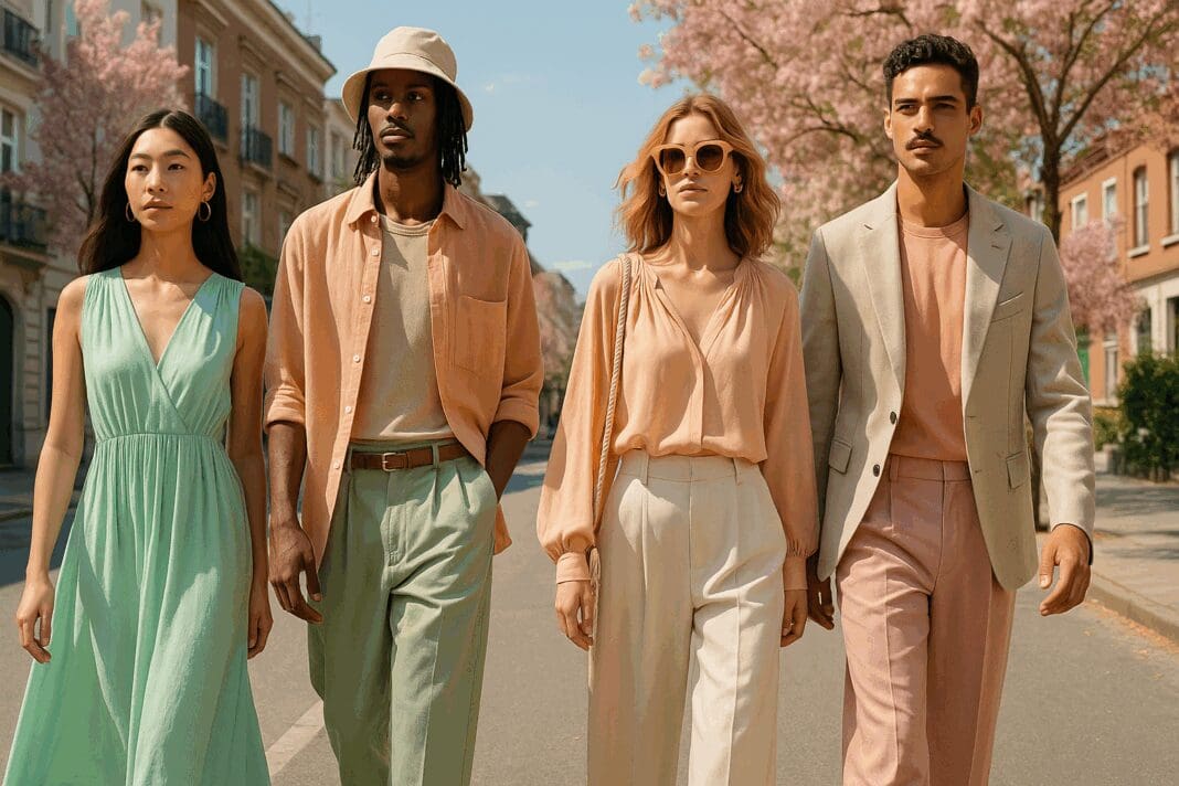 Diverse group of stylish people in pastel outfits walking down a sunny urban street, showcasing spring summer fashion trends 2025.
