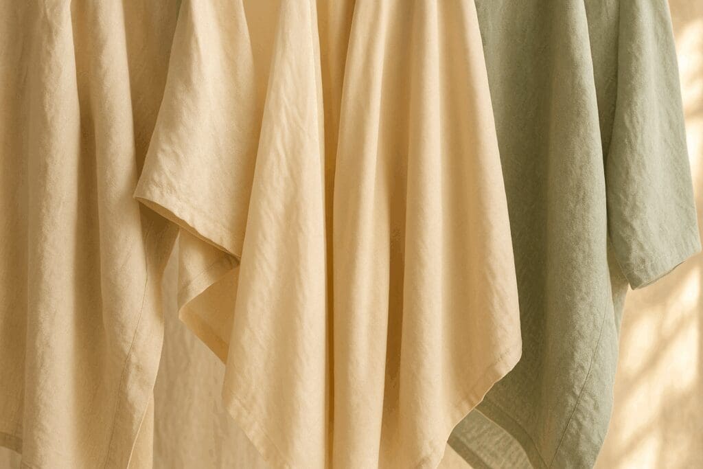 Close-up of lightweight garments made from linen, bamboo, bio-silk, and recycled fabrics, showcasing textures and sustainability in spring summer fashion trends.