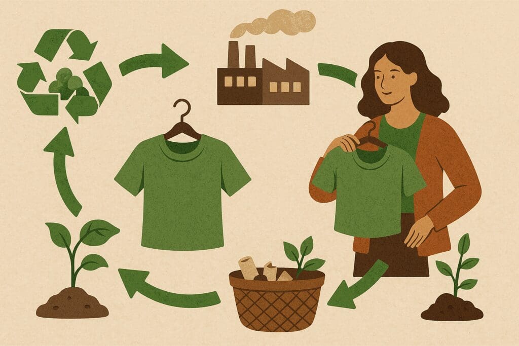 Sustainable fashion cycle infographic showing recycled fabric sourcing, ethical production, rewearing, and composting in spring summer fashion trends