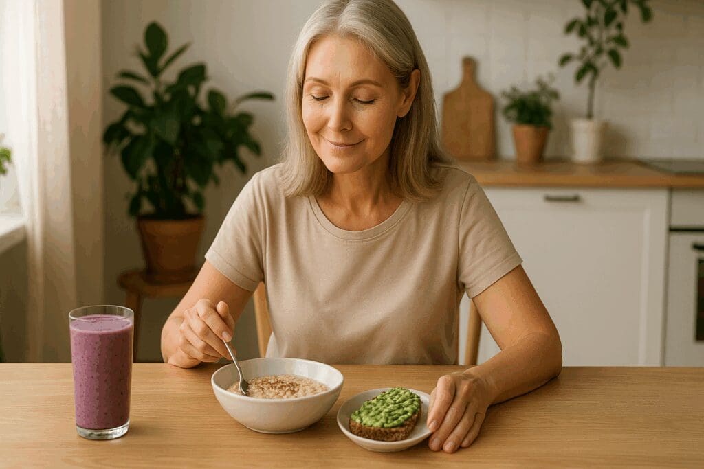 Woman in her 40s enjoying flax oatmeal, avocado toast, and a berry smoothie in a serene kitchen setting, illustrating vegan weight loss recipes.