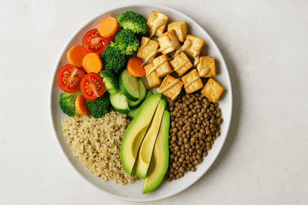 Balanced vegan plate with tofu, lentils, quinoa, avocado, and colorful vegetables for vegan weight loss recipes