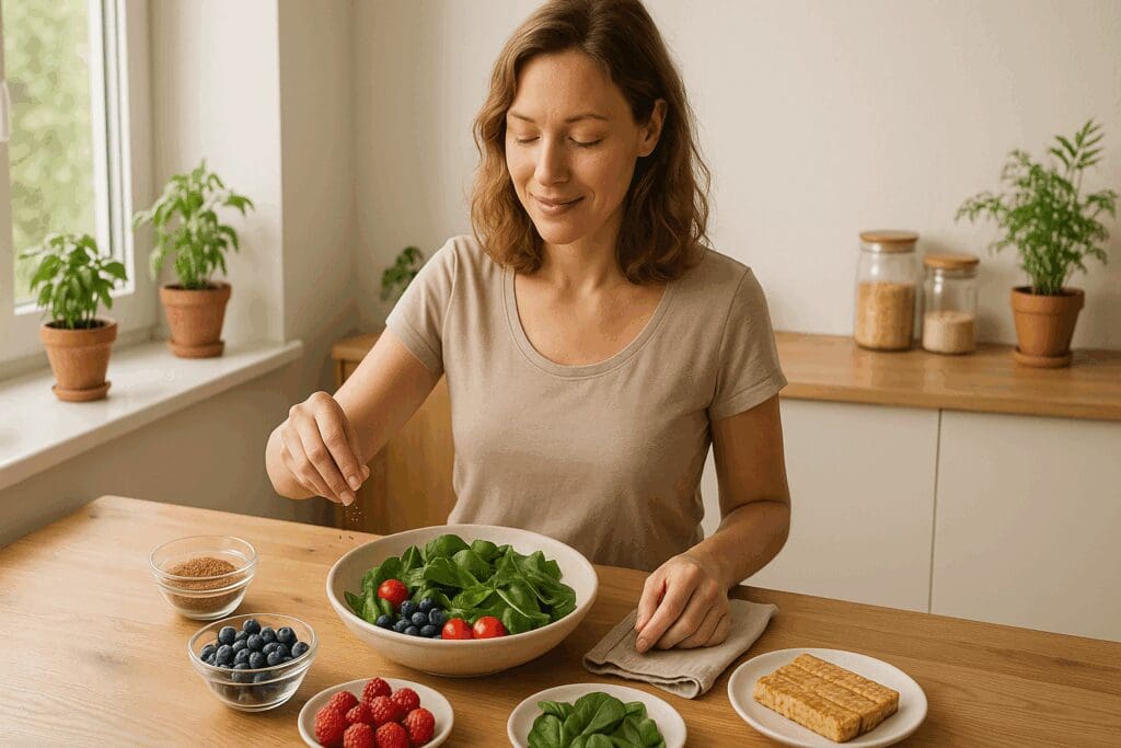Woman in a sunlit kitchen preparing a salad with flaxseeds, berries, leafy greens, and tempeh as part of vegan weight loss recipes.