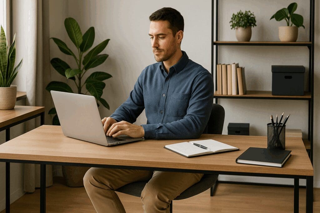Man in business casual style men outfit working on a laptop in a bright home office with plants and modern decor.