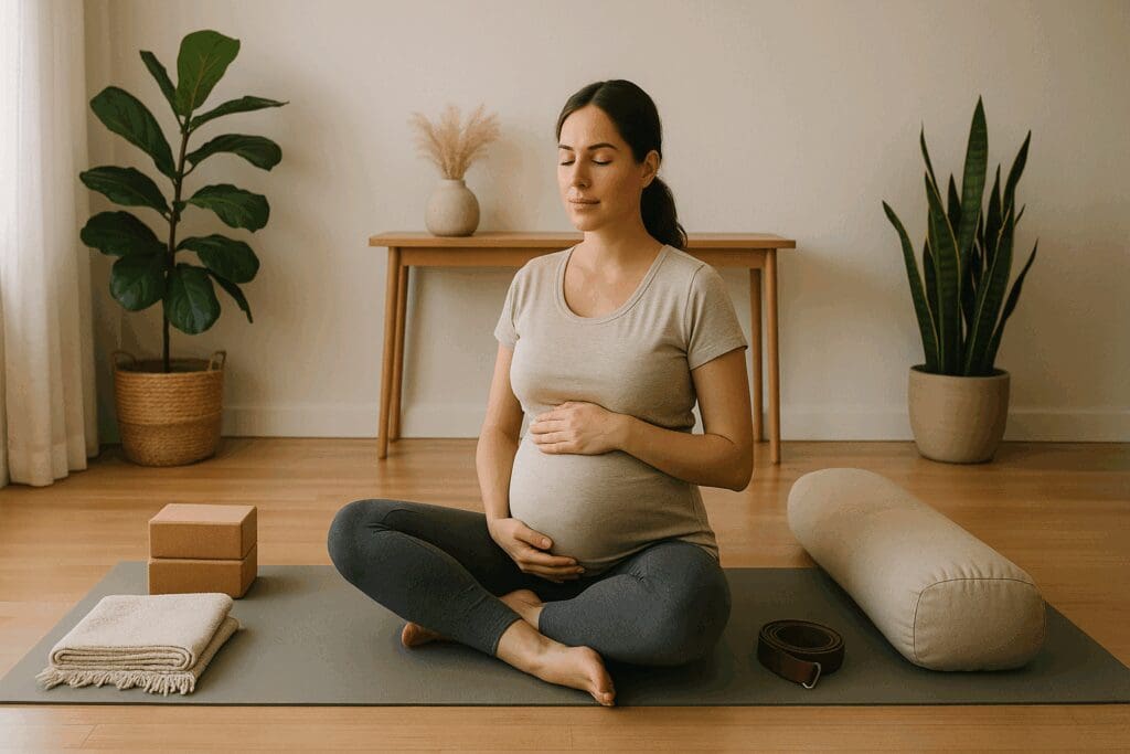 Pregnant woman practicing yoga for second trimester in a calm, sunlit room with blocks, bolster, blanket, and strap.