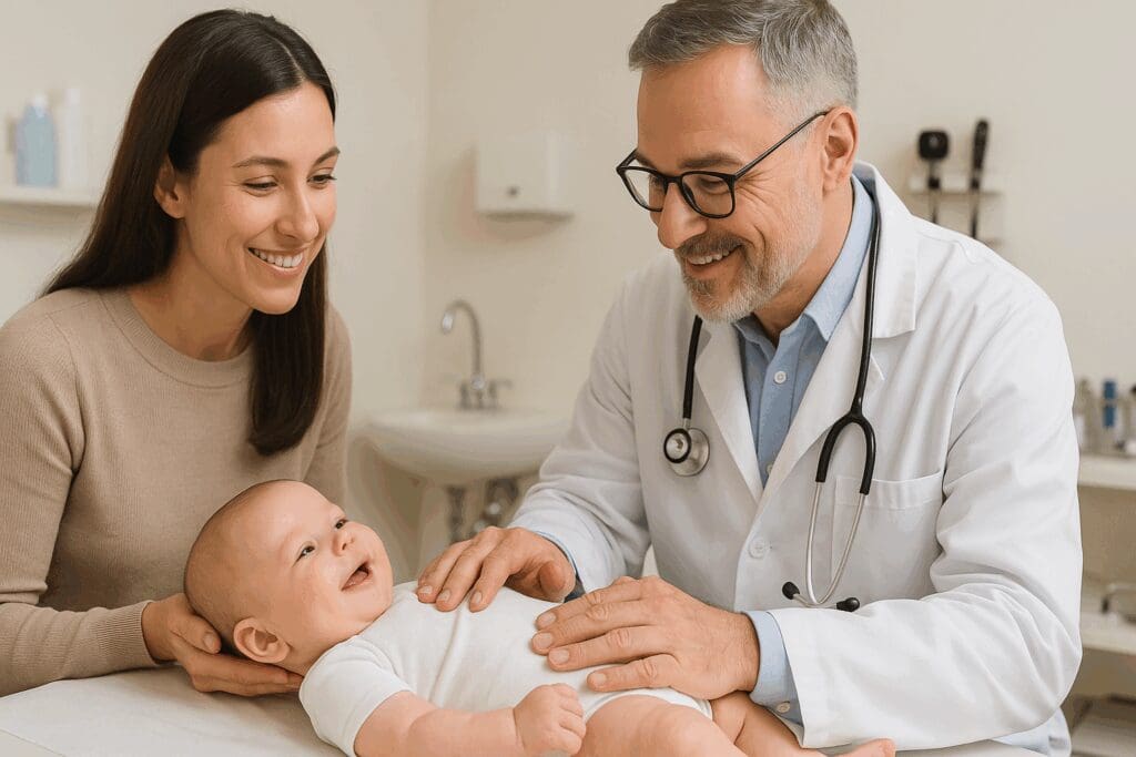 Pediatrician gently examining a smiling baby while a first time parent looks on attentively in a bright, welcoming clinic.