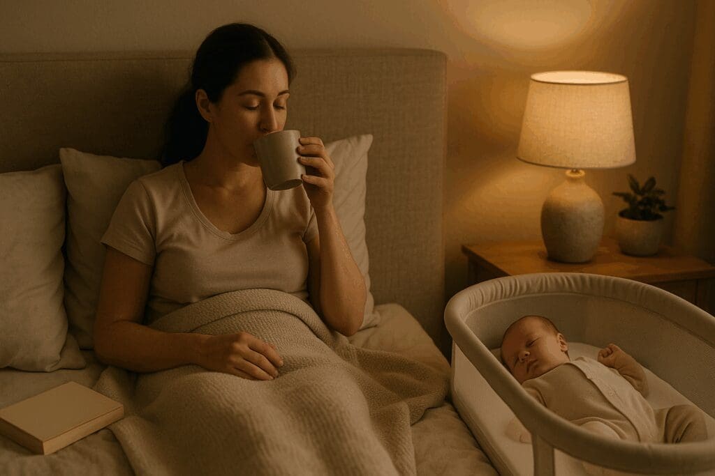 Postpartum first time parent resting in bed with tea while newborn naps in nearby bassinet in softly lit bedroom