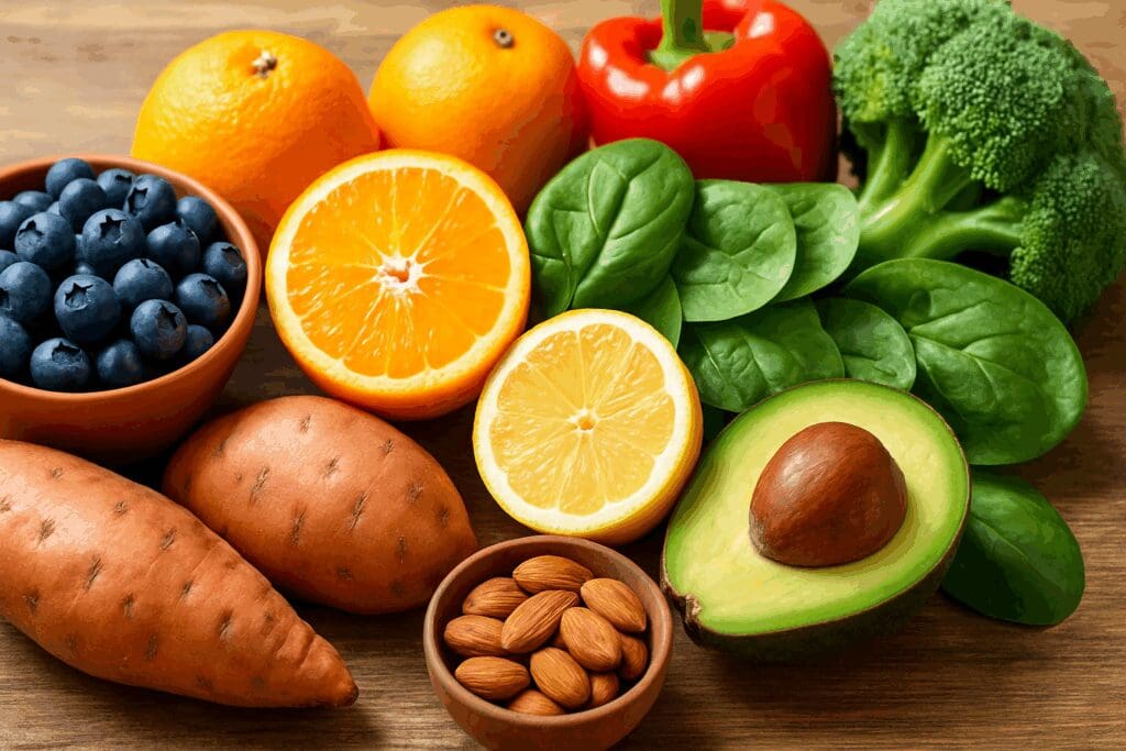 Fresh assortment of vitamin-rich foods like blueberries, citrus fruits, sweet potatoes, and avocados illustrating the difference between vitamins and minerals