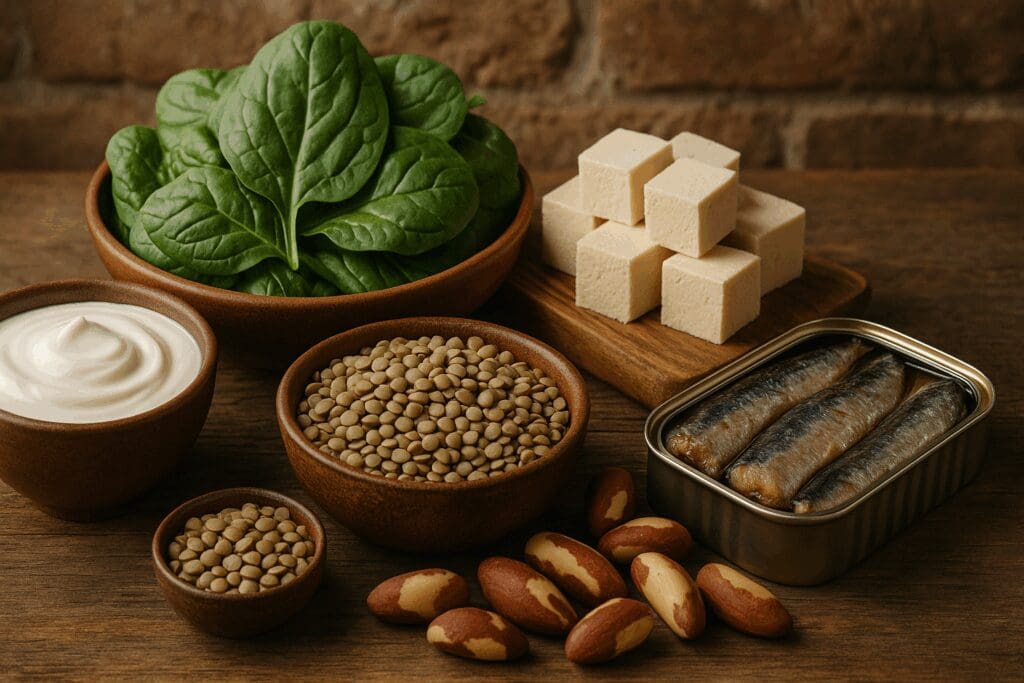 Mineral-rich foods like spinach, yogurt, lentils, and sardines illustrating the difference between vitamins and minerals.