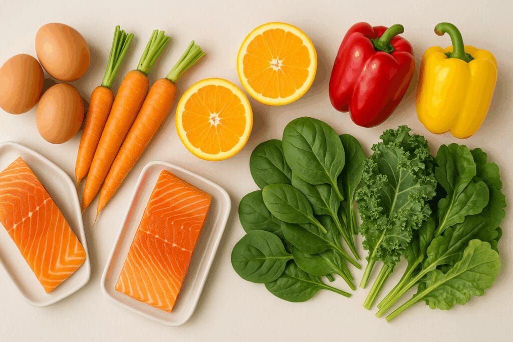 Flat lay of nutrient-rich foods like eggs, salmon, carrots, oranges, bell peppers, and leafy greens, visually highlighting the difference between vitamins and minerals.