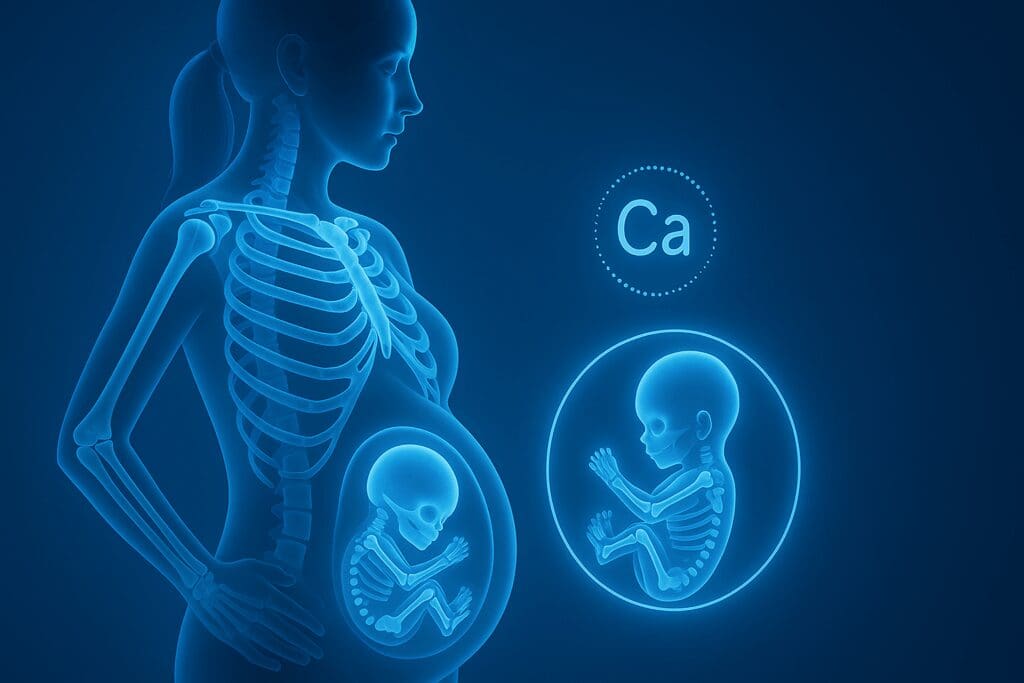Medical-style illustration of a pregnant woman’s skeletal system and fetus with glowing bones, symbolizing the benefits of drinking milk while pregnant for maternal and fetal bone health.