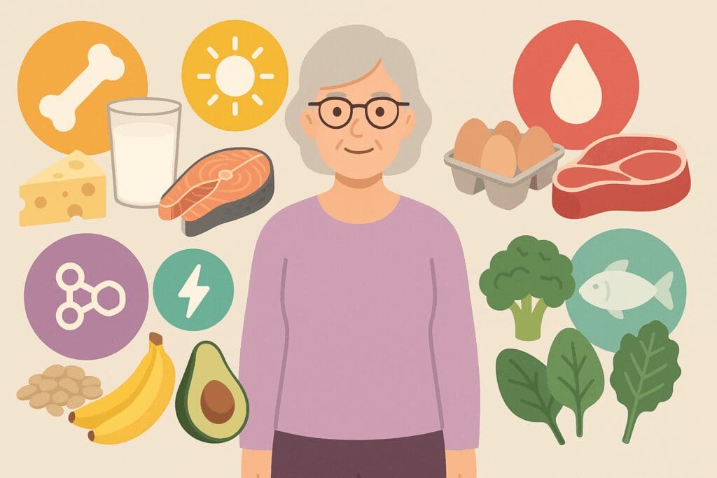 Infographic showing food sources rich in vitamins for seniors over 70, including salmon, dairy, leafy greens, and avocados around an elderly woman.