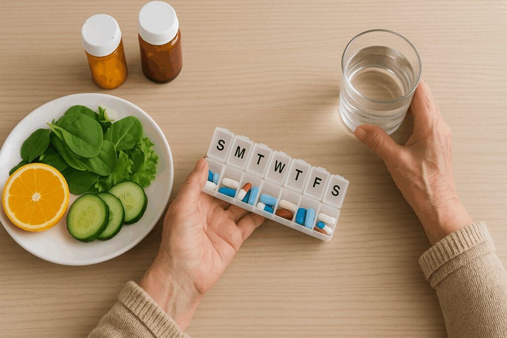 Senior woman holding a weekly pill organizer beside leafy greens, citrus, and water—highlighting vitamins for seniors over 70.
