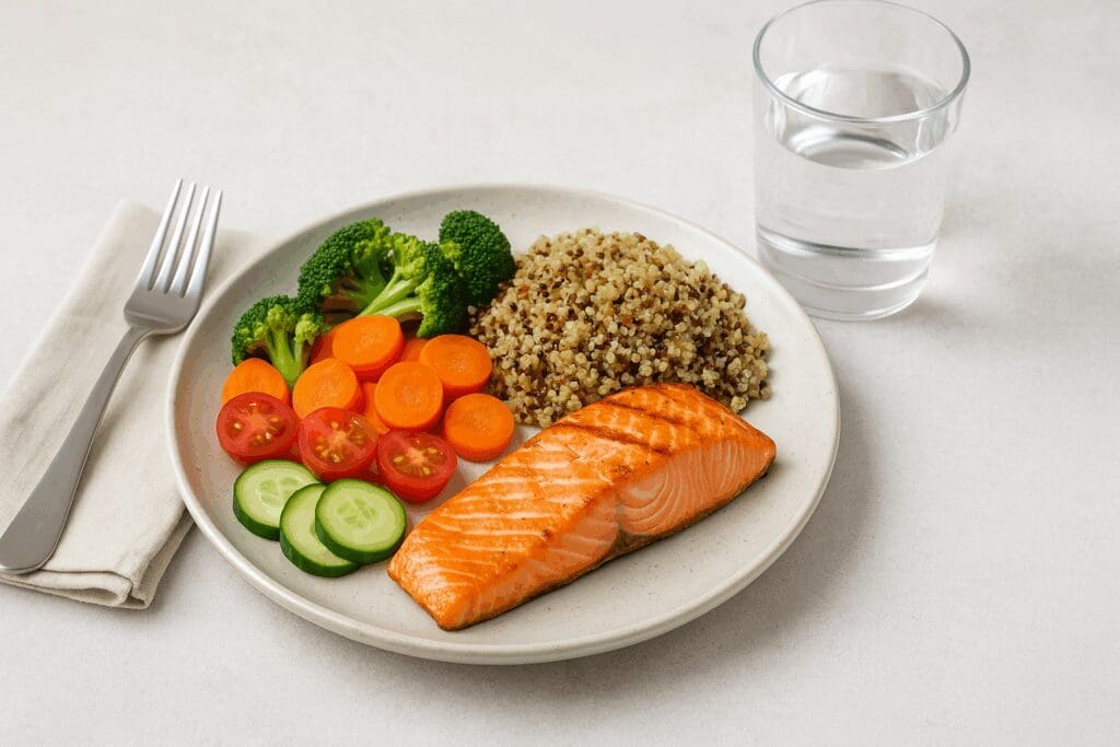 Balanced meal with grilled salmon, quinoa, and colorful vegetables on a plate, supporting nutrient intake and vitamins for seniors over 70.