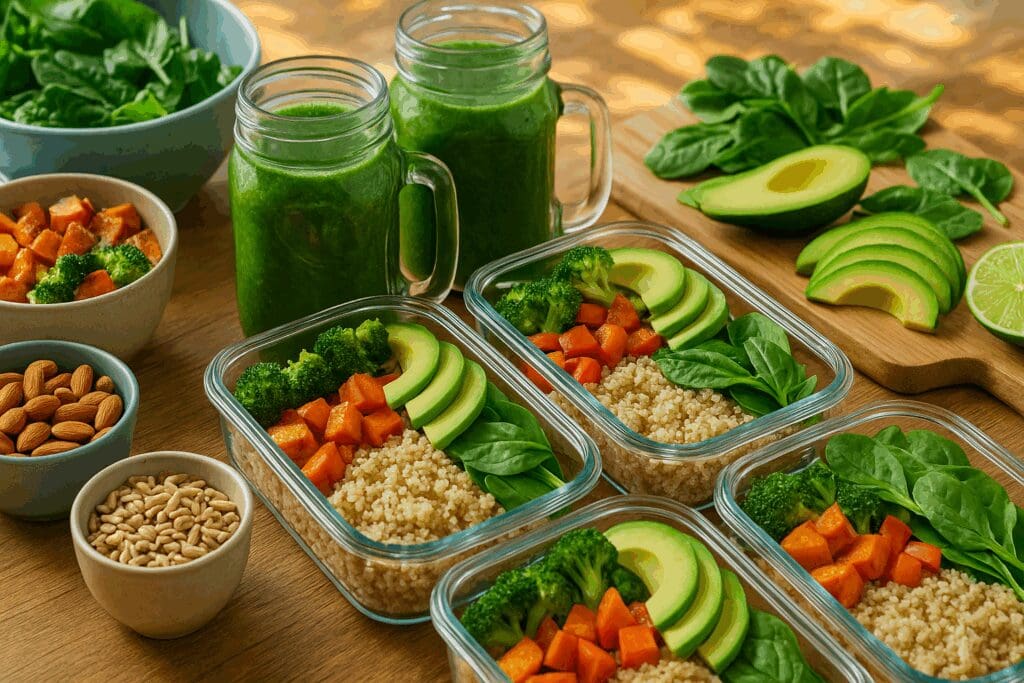 Meal prep scene featuring wfpb recipes with quinoa bowls, roasted sweet potatoes, avocado slices, leafy greens, nuts, and green smoothies.