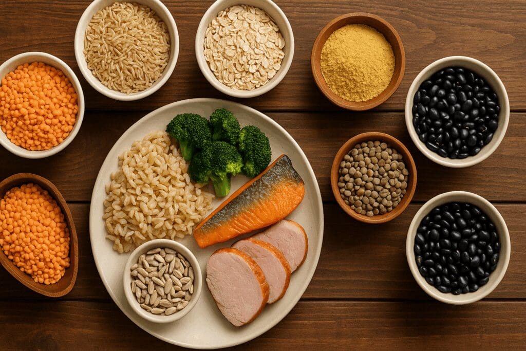 Balanced meal of trout, pork slices, brown rice, lentils, oats, beans, and seeds on a wooden table showing how to get B1 for maternity wellness