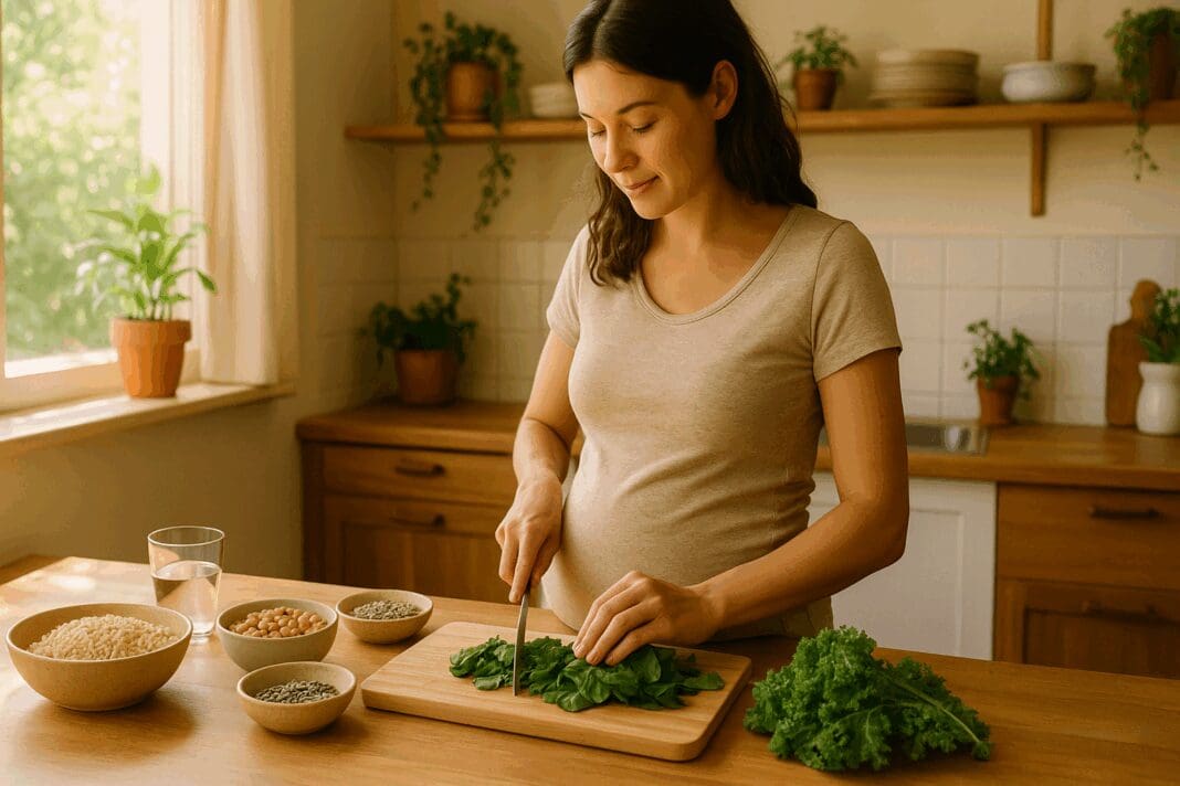 Pregnant woman preparing a whole food meal in a sunlit kitchen, symbolizing how to get B1 for maternity wellness through nutrition.