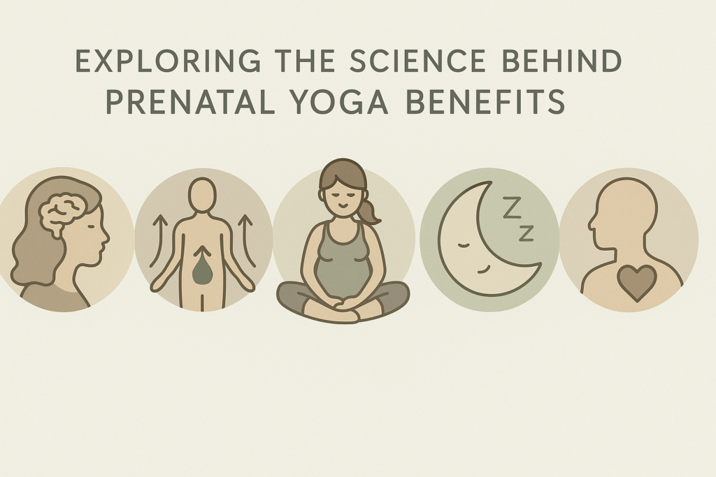 Infographic showing benefits of yoga with Adriene prenatal sessions—stress relief, sleep, flexibility, circulation, calm.