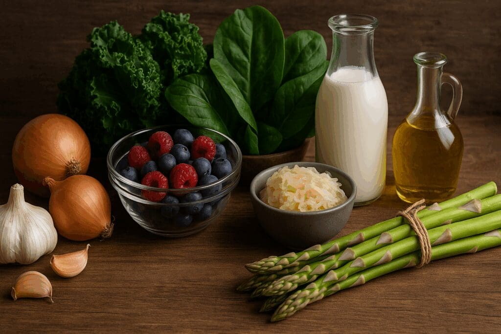 Rustic kitchen table with garlic, onions, asparagus, kefir, sauerkraut, leafy greens, berries, and olive oil—foods that show how to rebuild gut microbiome.