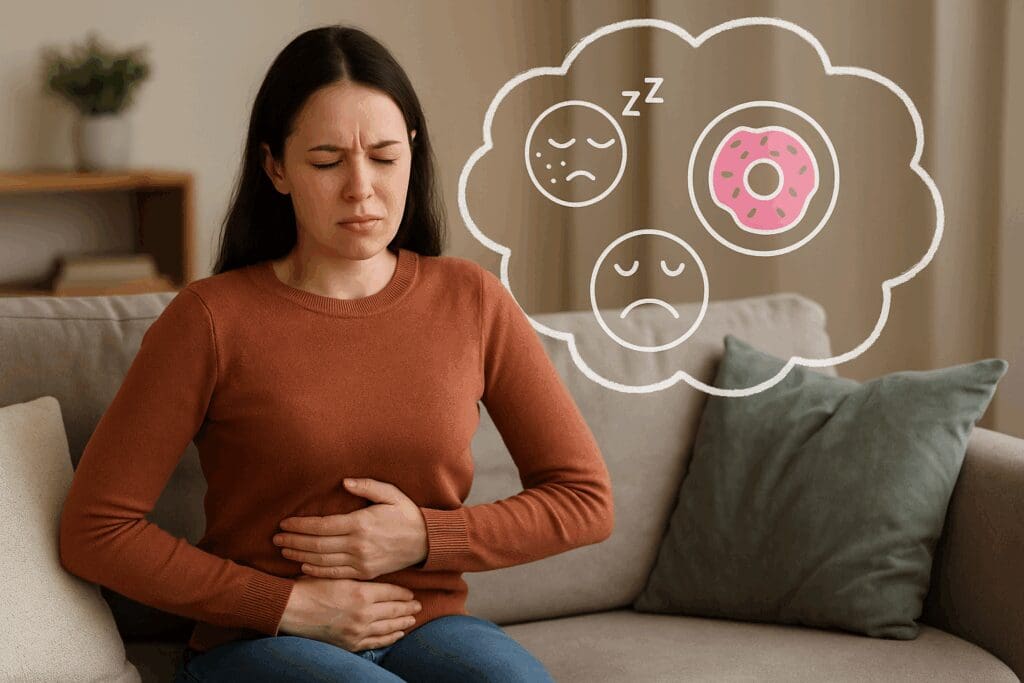 Woman clutching stomach on sofa with thought bubble showing acne, fatigue, and cravings—symbolizing symptoms related to how to rebuild gut microbiome