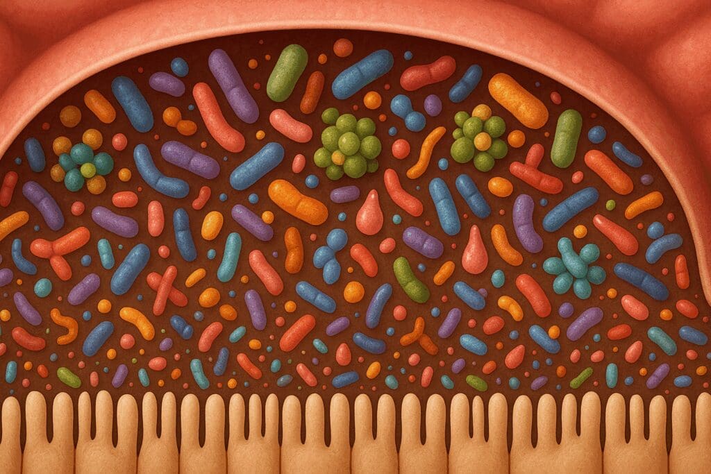 Cross-section of a healthy colon showing diverse microbes and short-chain fatty acids, illustrating how to rebuild gut microbiome