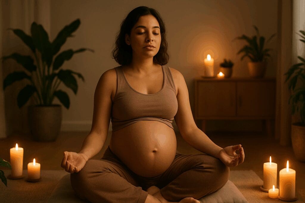 Pregnant woman meditating in a calm, candlelit room to prepare mentally for labor and pregnant pushing
