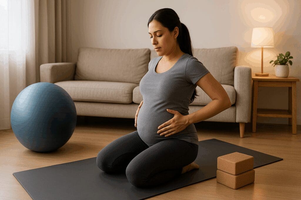 Pregnant woman practicing pelvic tilts on a yoga mat, strengthening her core for labor and pregnant pushing preparation.