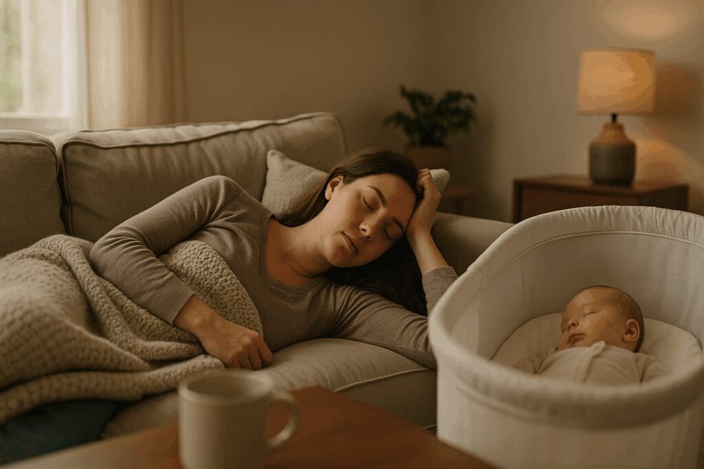 Tired mother resting on a couch beside her baby’s bassinet in a softly lit living room, 8 months postpartum