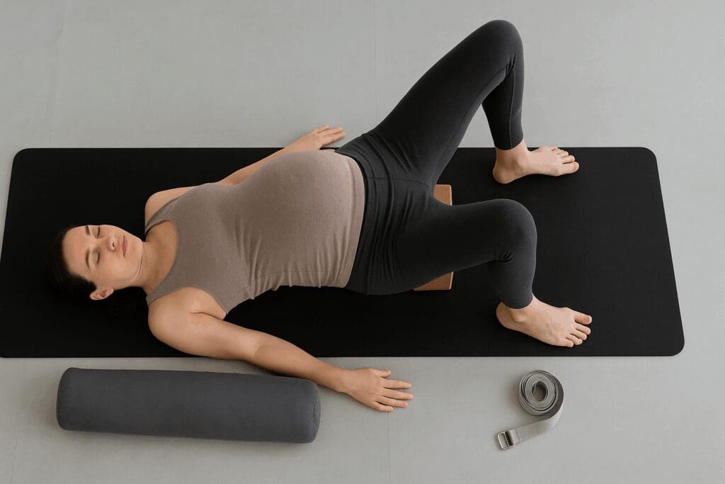 Pregnant woman in third trimester practicing supported Bridge Pose with props, demonstrating yoga positions for pregnancy third trimester.