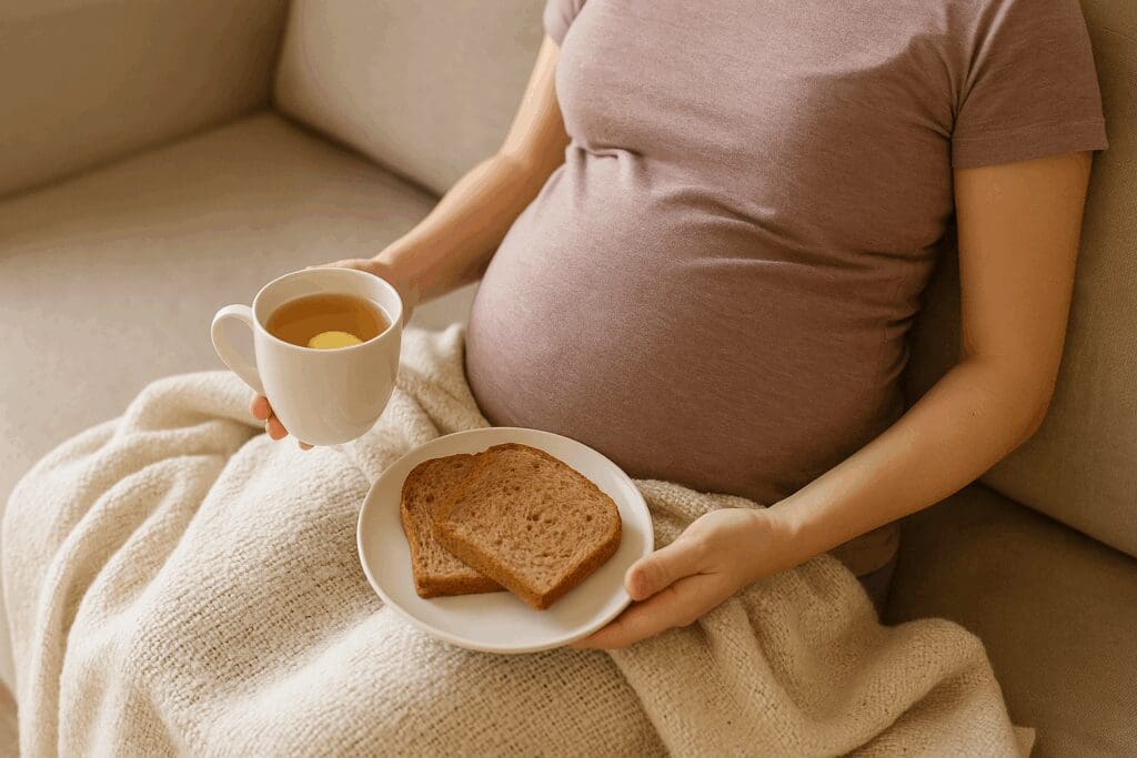 Pregnant woman relaxing with ginger tea and whole grain toast, illustrating early comfort food choices—answering is bread good for pregnant women.