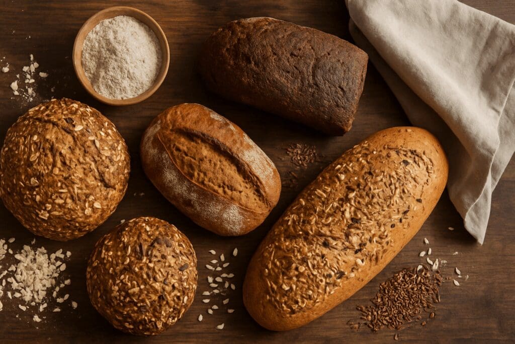 Assorted whole grain, rye, sourdough, and multigrain breads on a rustic table with oats and seeds, highlighting is bread good for pregnant women.