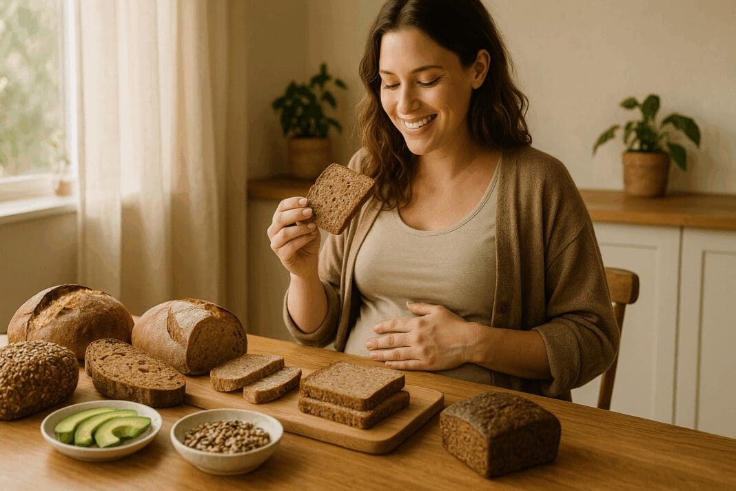 Smiling pregnant woman holding whole grain bread at a breakfast table with avocado and seeds, highlighting is bread good for pregnant women