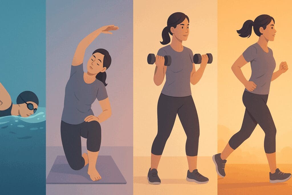 Visual progression of postpartum fitness showing a woman swimming after c section, then stretching, weight training, and jogging outdoors