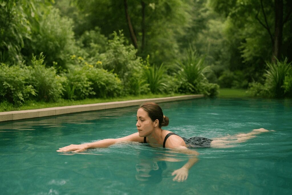 Postpartum woman swimming after c section in a tranquil outdoor pool surrounded by lush greenery, practicing gentle low-impact strokes.