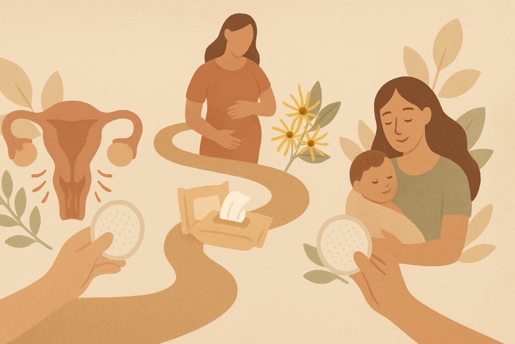 Soothing earth-toned illustration showing a postpartum recovery journey with symbolic use of postpartum wipes and witch hazel pads during healing stages.
