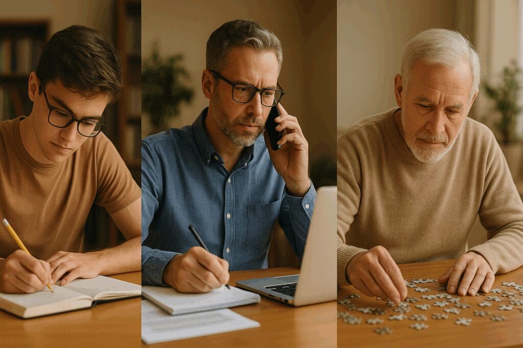 Student studying, professional multitasking, and senior solving puzzle—each representing life stages benefiting from a memory support supplement