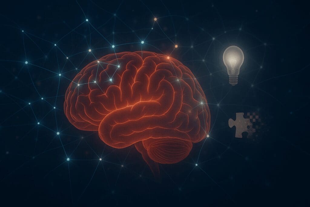 Glowing human brain connected by neural pathways with fading puzzle piece and dimming light bulb symbolizing cognitive decline, concept for memory support supplement.