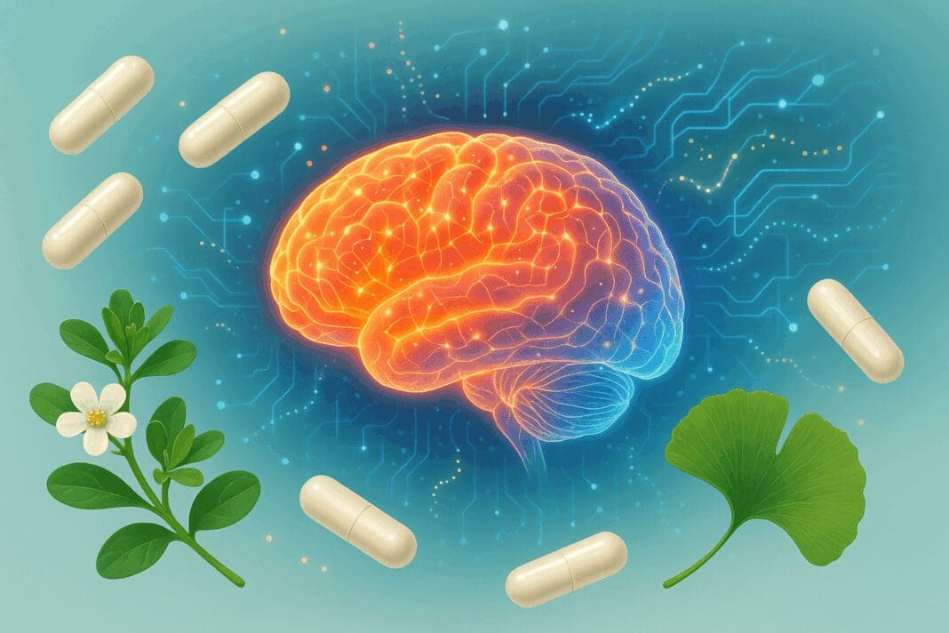 Glowing human brain with Bacopa, Ginkgo leaves, and capsules symbolizing a natural memory support supplement.