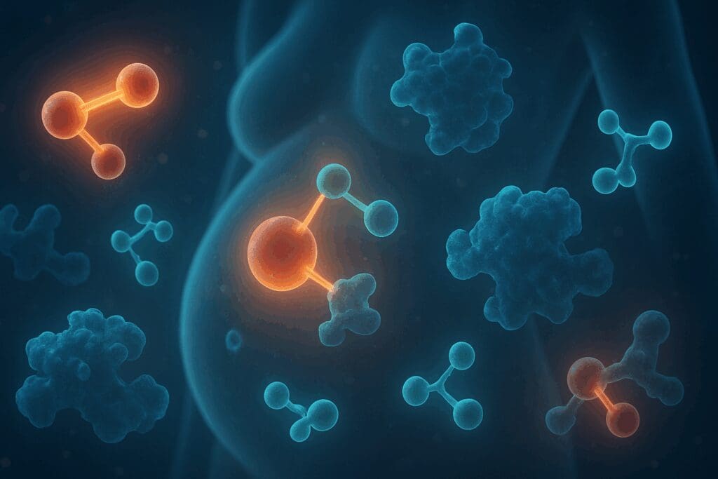 Molecular visualization of antioxidant enzymes and redox reactions in a pregnant body, illustrating vitamin b2 dosage per day benefits.