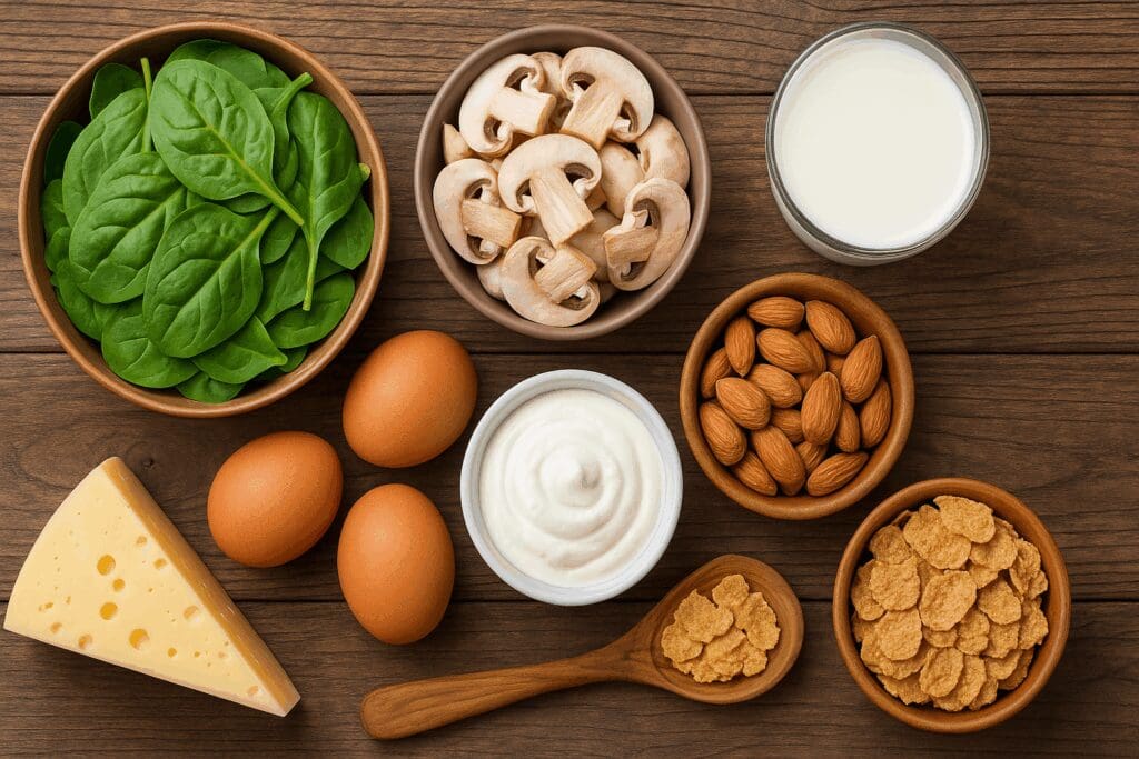 Riboflavin-rich foods like spinach, almonds, yogurt, eggs, and milk displayed on a rustic table, illustrating vitamin b2 dosage per day.