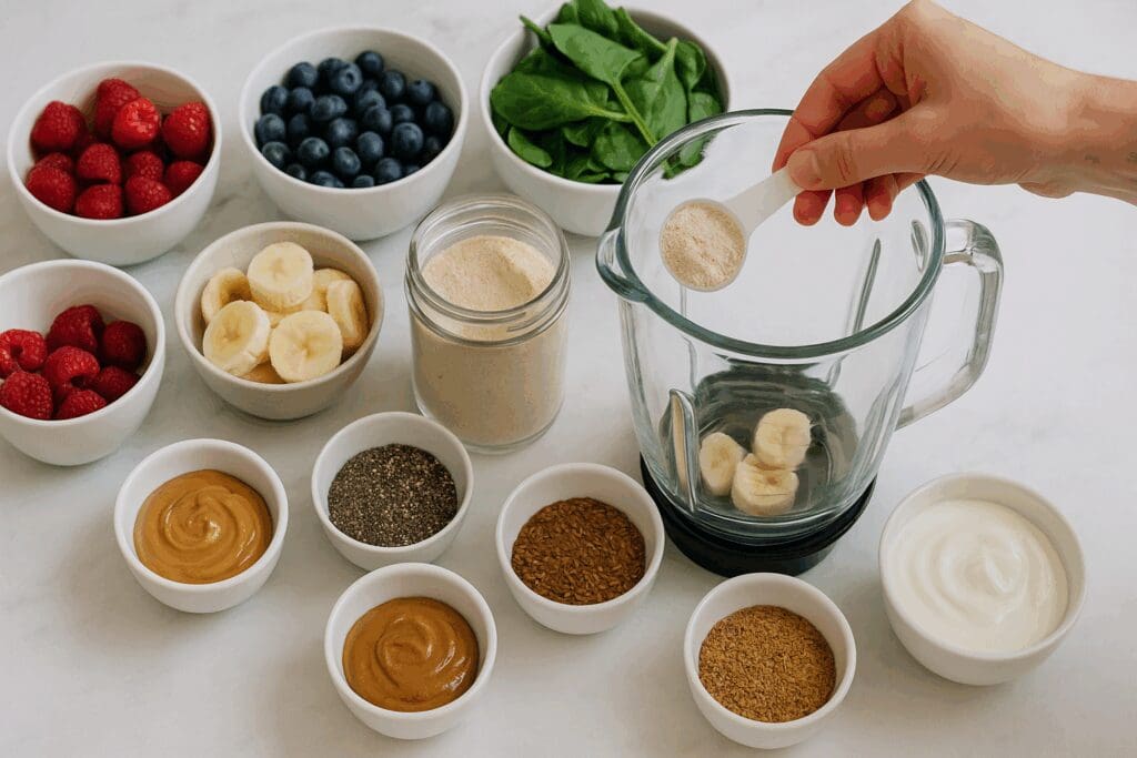 DIY smoothie station with fresh fruits, greens, nut butters, and a hand scooping protein powder into a blender, ideal for protein shakes while pregnant.