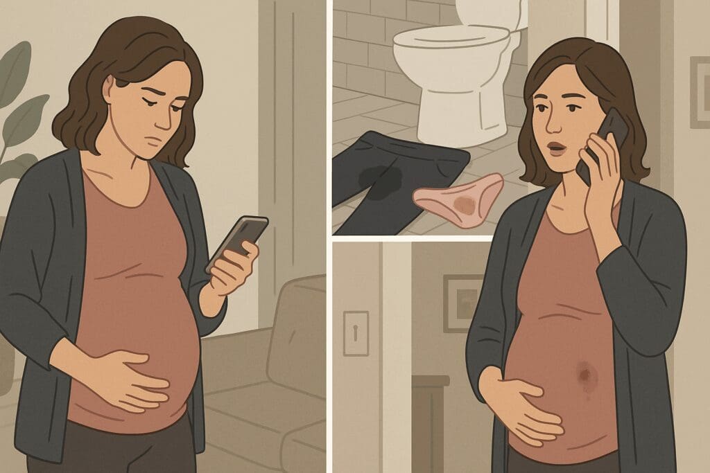 Pregnant woman timing contractions, noticing water breaking and light bleeding at home—key signs for when will hospital admit you for labor.