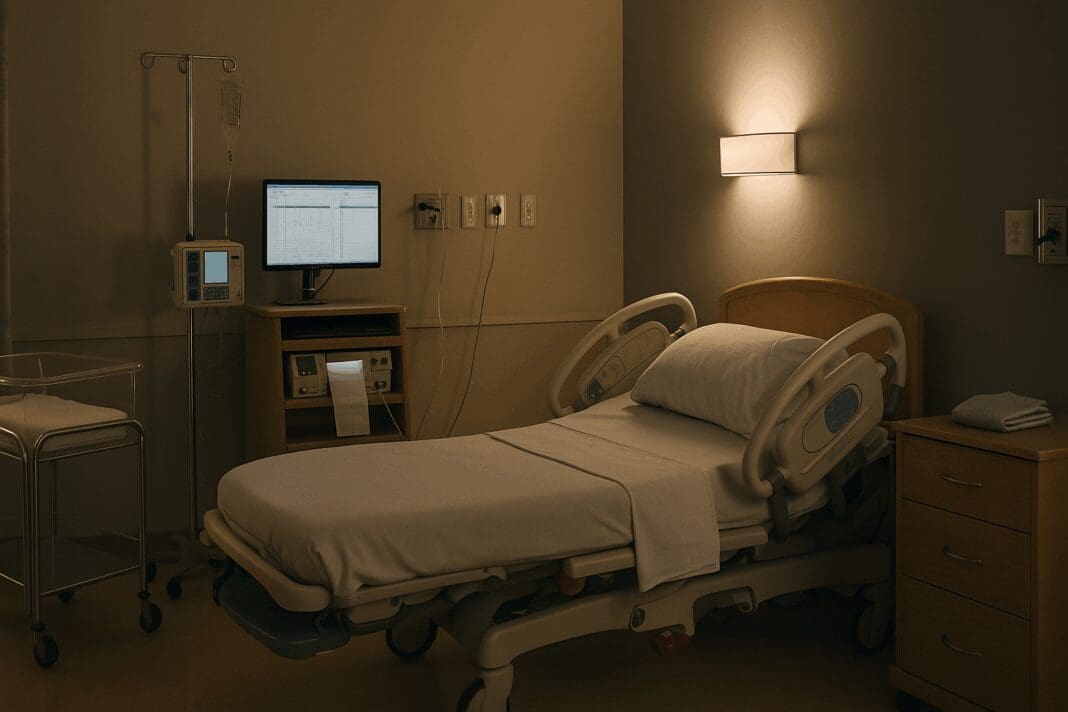 Hospital labor and delivery room prepared for childbirth, showing fetal monitor and baby bassinet, illustrating when will hospital admit you for labor.