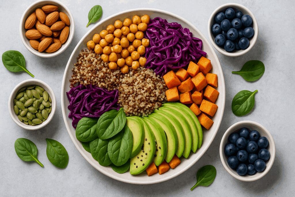 Colorful plant-based meal bowl showcasing what kind of food supports women's health, with chickpeas, quinoa, avocado, spinach, and vibrant side dishes.