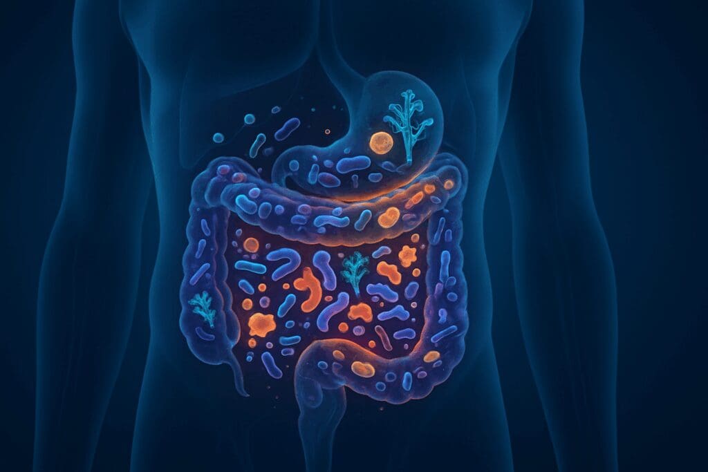 Artistic visualization of diverse microorganisms inside a glowing human gut, symbolizing the ecosystem supported by probiotic tablets.