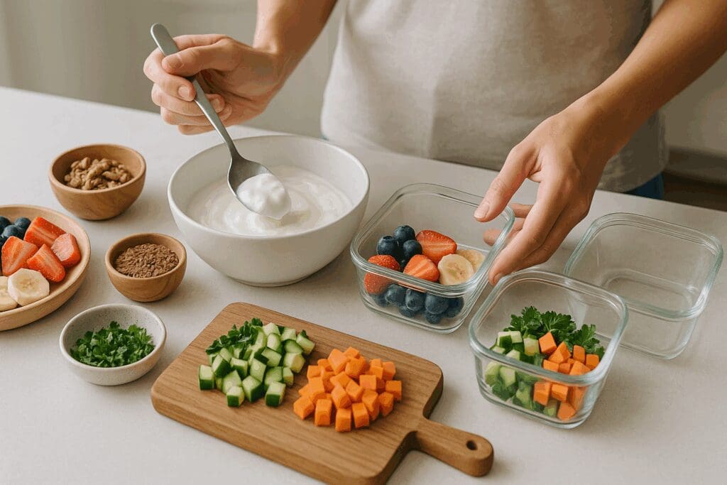 Hands preparing yogurt diet meal prep with Greek yogurt, fresh fruits, vegetables, nuts, and flax seeds on a kitchen counter