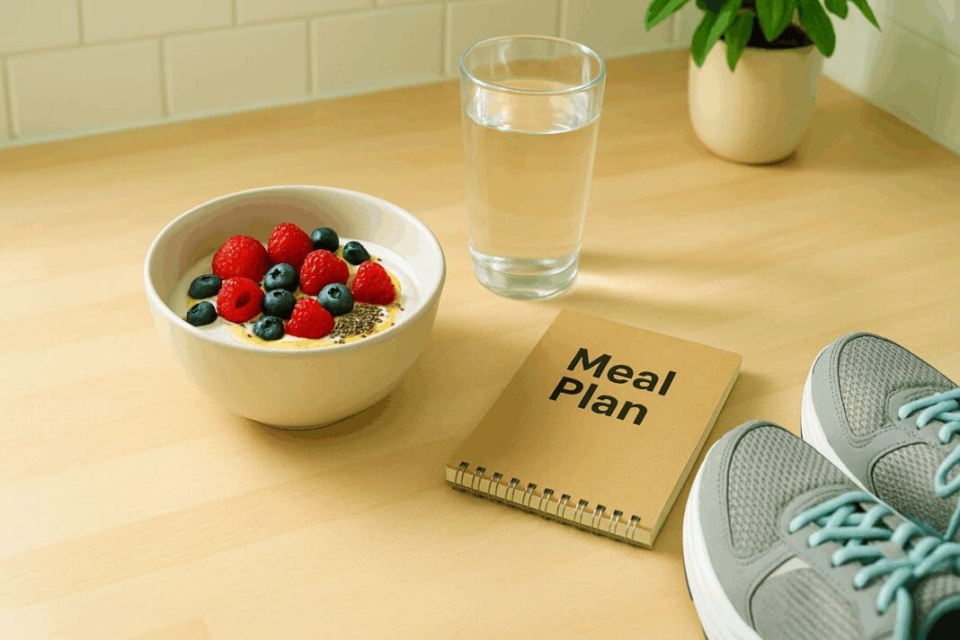 Healthy breakfast table with Greek yogurt topped with berries, chia seeds, and honey, representing a balanced yogurt diet.