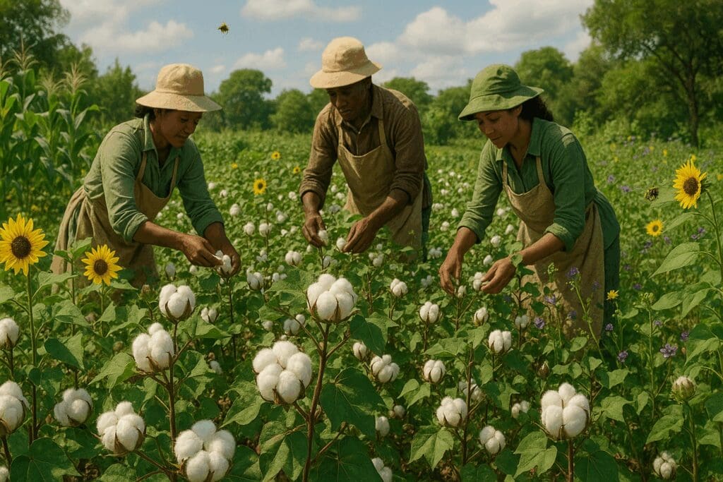 Farmers handpicking organic cotton on a biodiverse field, illustrating sustainable practices in fair trade apparel production