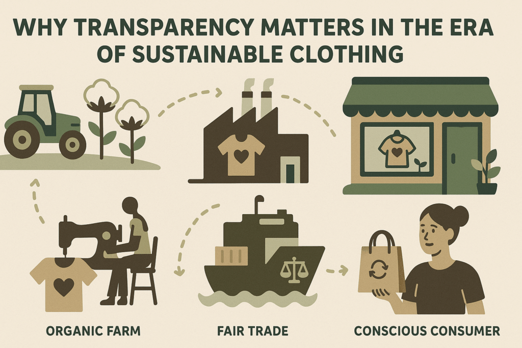 Visual diagram showing the lifecycle of fair trade apparel from organic cotton farm to ethical factory, cargo shipping, retail store, and eco-conscious consumer.